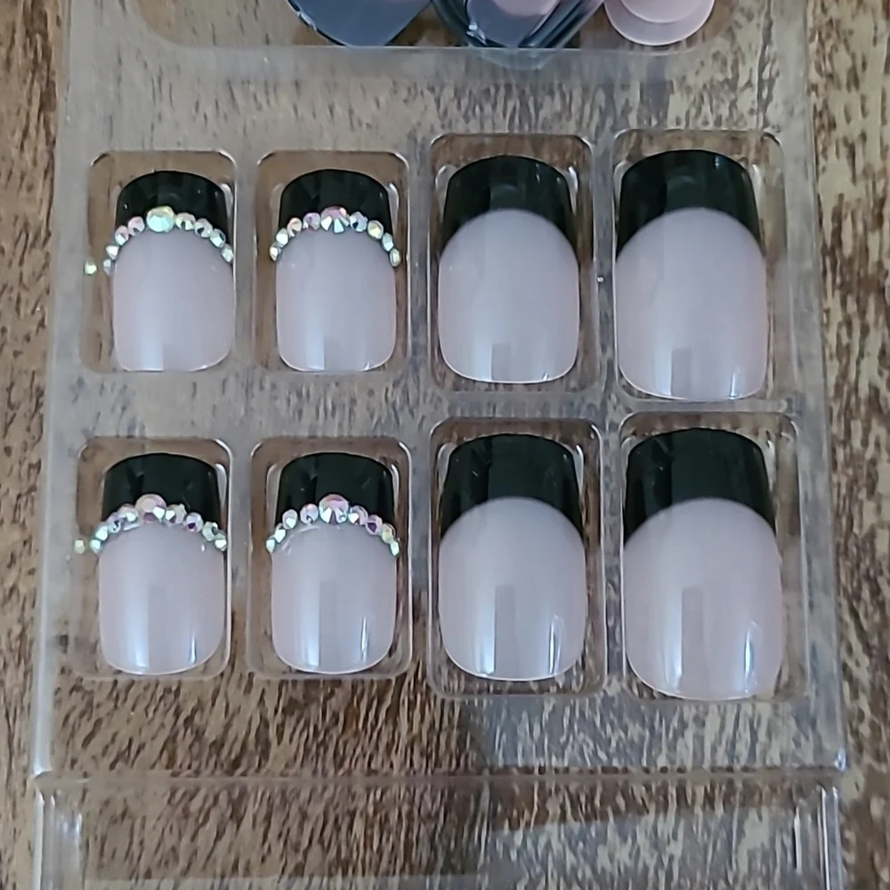 2/$16 Black Rhinestone French Manicure Press On Nails